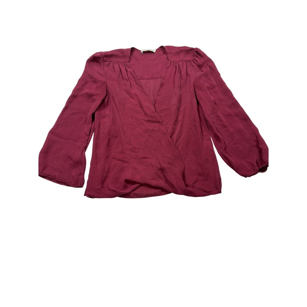 alice + olivia maroon V neck sheer faux wrap silk blouse. Size S. FLAW, office